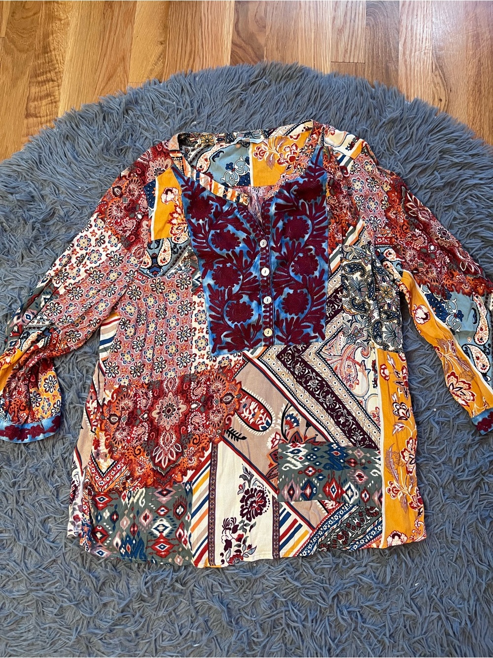 John Mark Boho Patchwork Embroidered Peasant Top in Multicolor Size L